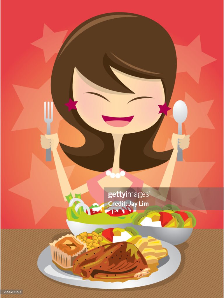 A woman eating a well balanced meal