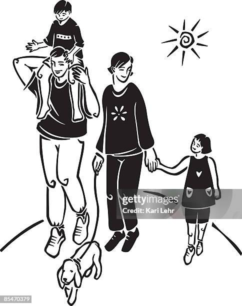 a family walking their dog - public park点のイラスト素材／クリップアート素材／マンガ素材／アイコン素材