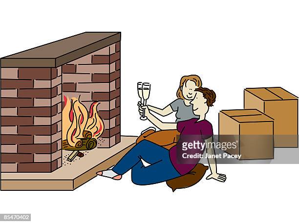 stockillustraties, clipart, cartoons en iconen met a couple having a toast in front of their fireplace in a new house - living new house