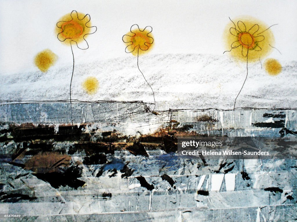 A pastel and collage illustration of flowers