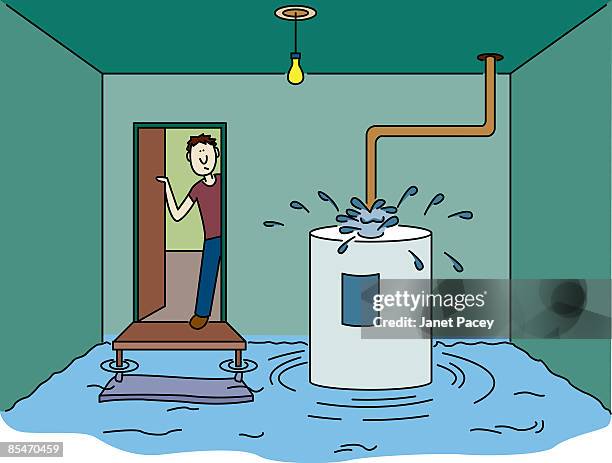 illustrazioni stock, clip art, cartoni animati e icone di tendenza di a man looking at his boiler in a flooded basement - broken boiler