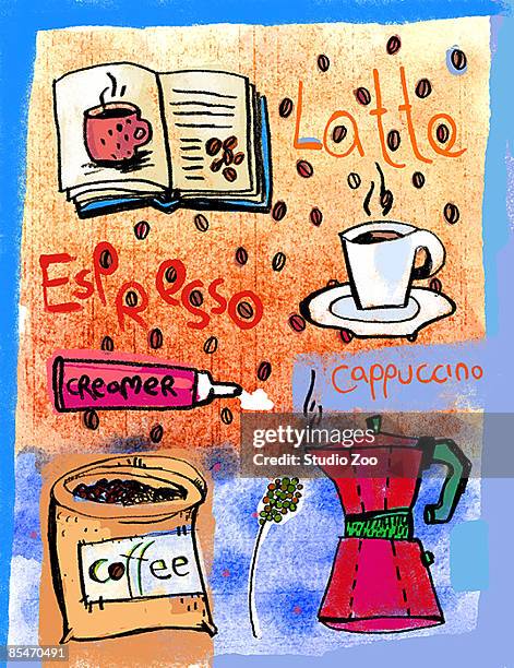 stockillustraties, clipart, cartoons en iconen met an illustration of different types of coffee - beatnik