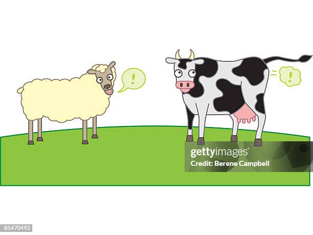 ilustraciones, imágenes clip art, dibujos animados e iconos de stock de sheep and cows producing methane gas - farting