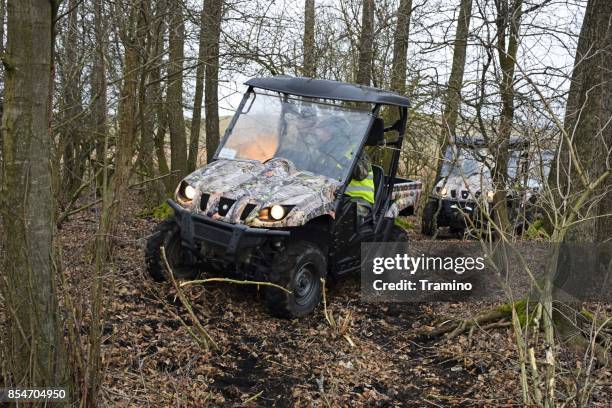 yamaha rhino 660 vehicles driving in the forest - side by side atv stock pictures, royalty-free photos & images