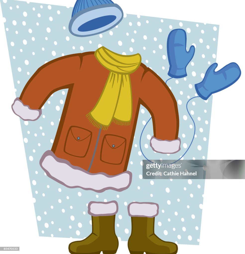 A winter coat, scarf, boots, mittens and hat