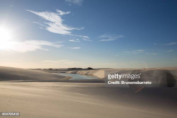 golden dunes at the sunset of the lençois maranhenses with a photo flare - lencois maranhenses national park stock pictures, royalty-free photos & images