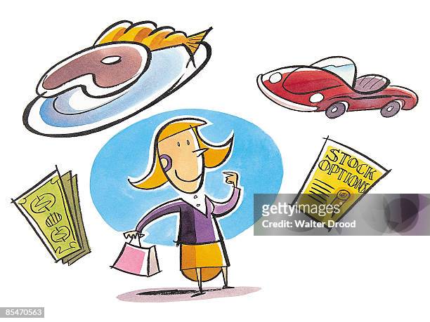 ilustrações de stock, clip art, desenhos animados e ícones de a woman surrounded by cash,fine food,sportscar and stock options - status car