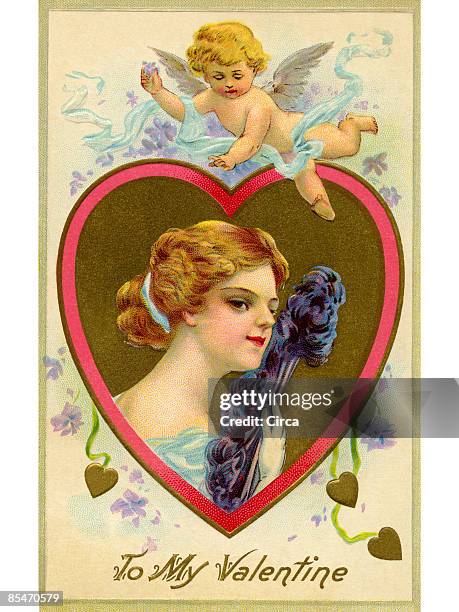 a vintage valentine card with cupid flying over a woman with a feather fan - amor stock-grafiken, -clipart, -cartoons und -symbole