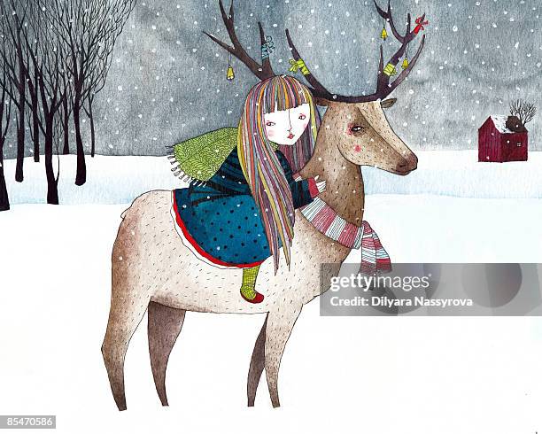 illustrations, cliparts, dessins animés et icônes de a girl riding an elk with ornaments on its antlers in the snow scene - natural beauty girl regarder ailleurs