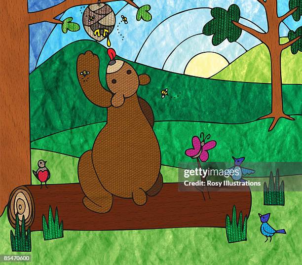 bildbanksillustrationer, clip art samt tecknat material och ikoner med a bear eating honey and being stung by bees and birds watch - flock of birds stock illustrations