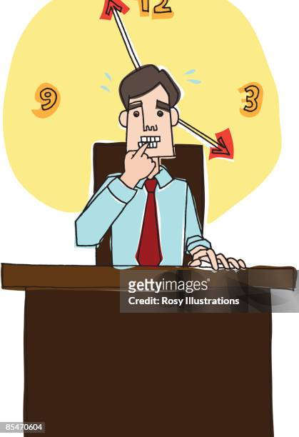 a businessman biting his nails at his desk and a large clock behind him - nail biting stock illustrations