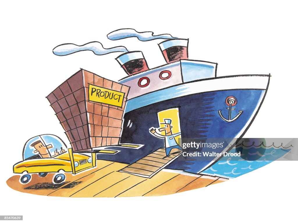 A man delivering a large box for shipment on a ship