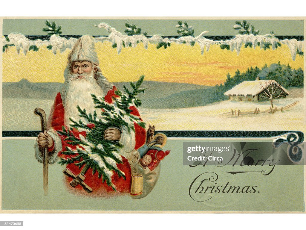 Vintage Christmas Card Of Santa Claus In A Snowy Winter Scene High ...