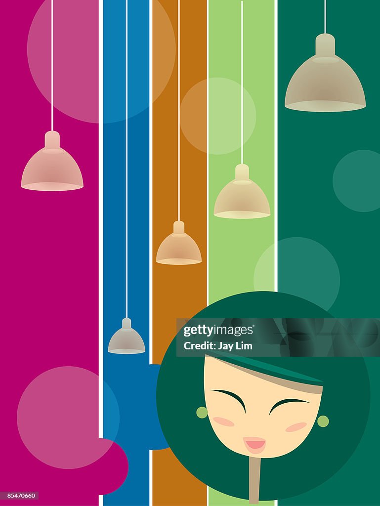 A happy woman with over hanging lights