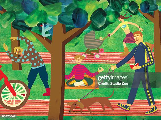 people exercising in a park - frauen hund park stock-grafiken, -clipart, -cartoons und -symbole