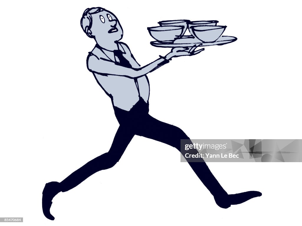 A waiter running with four bowls on a tray