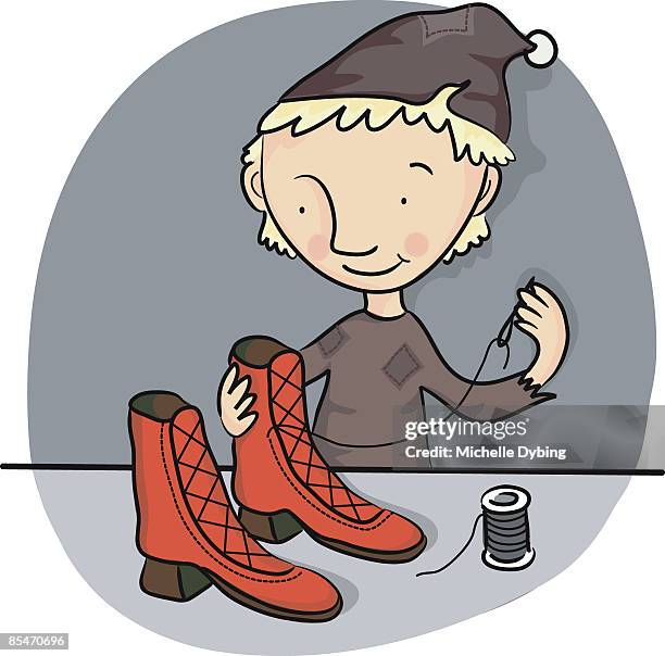 A Little Boy Mending His Shoes High-Res Vector Graphic