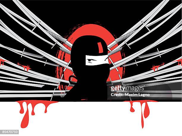 a ninja surrounded by bloody swords - isolated color stock-grafiken, -clipart, -cartoons und -symbole