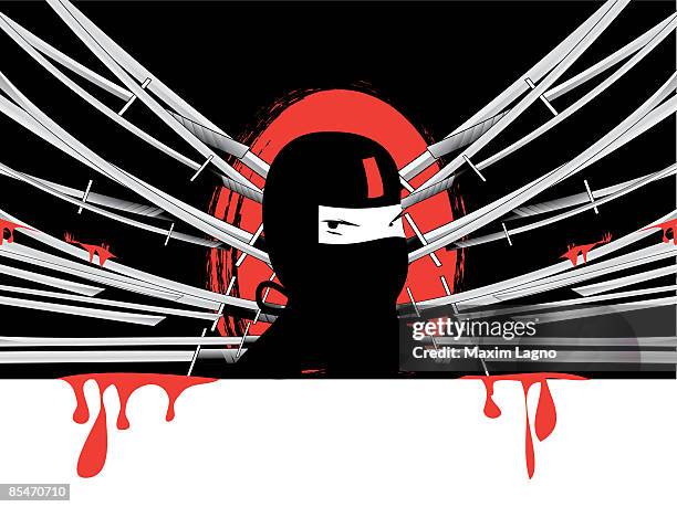 ilustrações, clipart, desenhos animados e ícones de a ninja surrounded by bloody swords - cor isolada