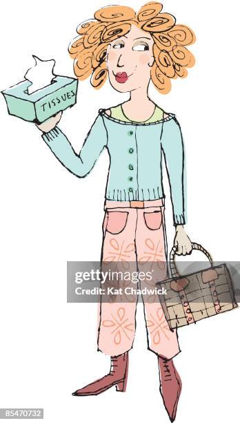 stockillustraties, clipart, cartoons en iconen met a woman holding a handbag and a box of tissues - tissue box