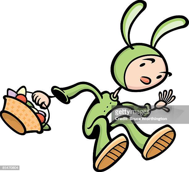 a child in a rabbit costume with an easter basket - easter bunny costume stock illustrations