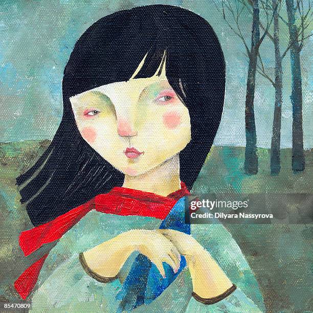 illustrations, cliparts, dessins animés et icônes de a woman holding a blue bird on an autumn day - natural beauty girl regarder ailleurs