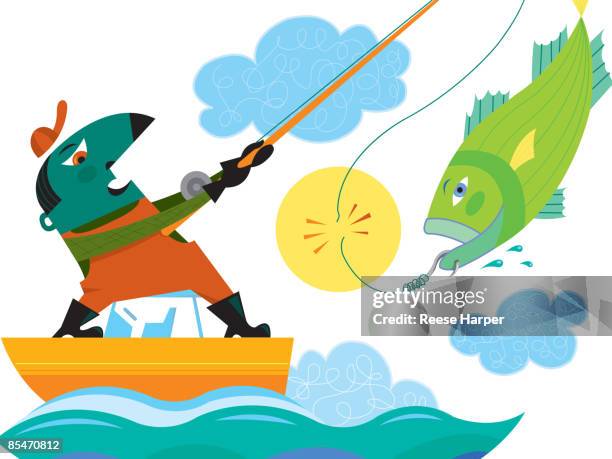 a man on a boat catching a fish when the line breaks - reise stock illustrations