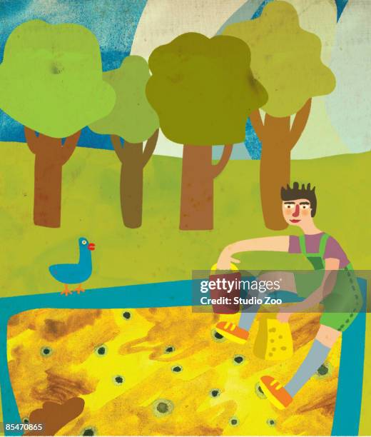 a boy playing in a sand box - sandbox stock illustrations