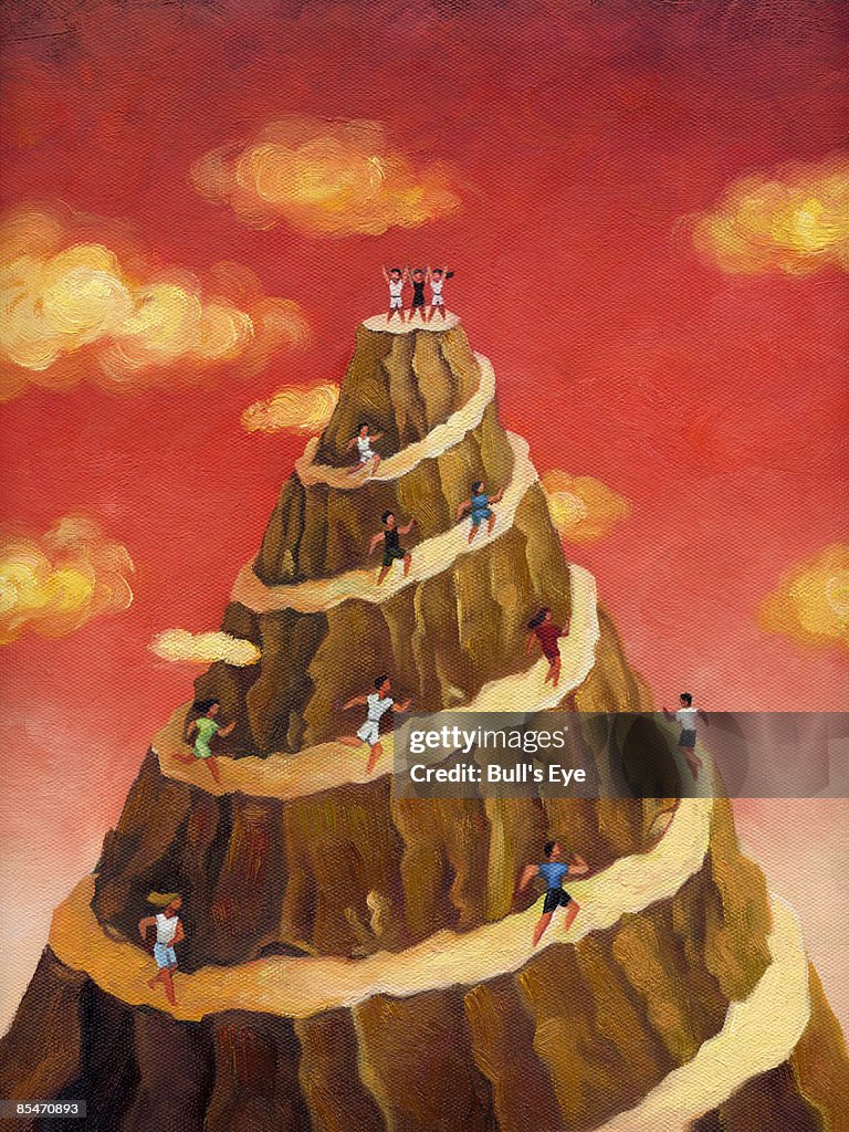 People running up a mountain