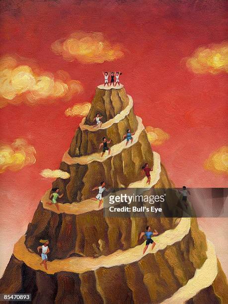 people running up a mountain - tower of babel stock illustrations