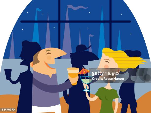 a man and woman having drinks at a yacht club - reise stock illustrations
