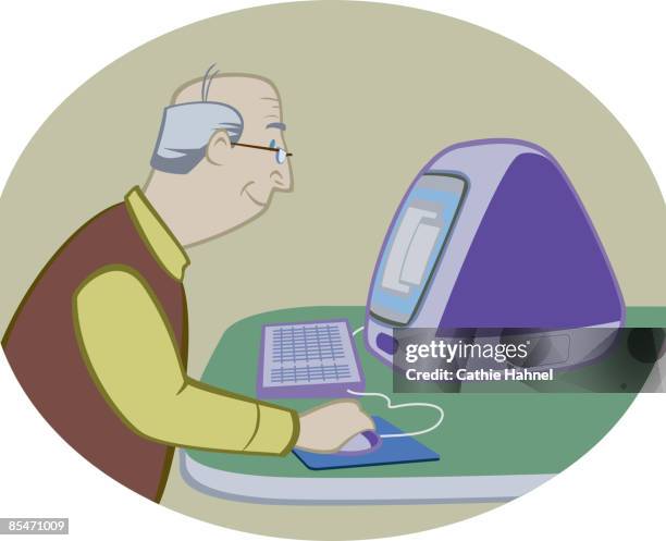 an elderly man using a computer - hairless mouse stock illustrations