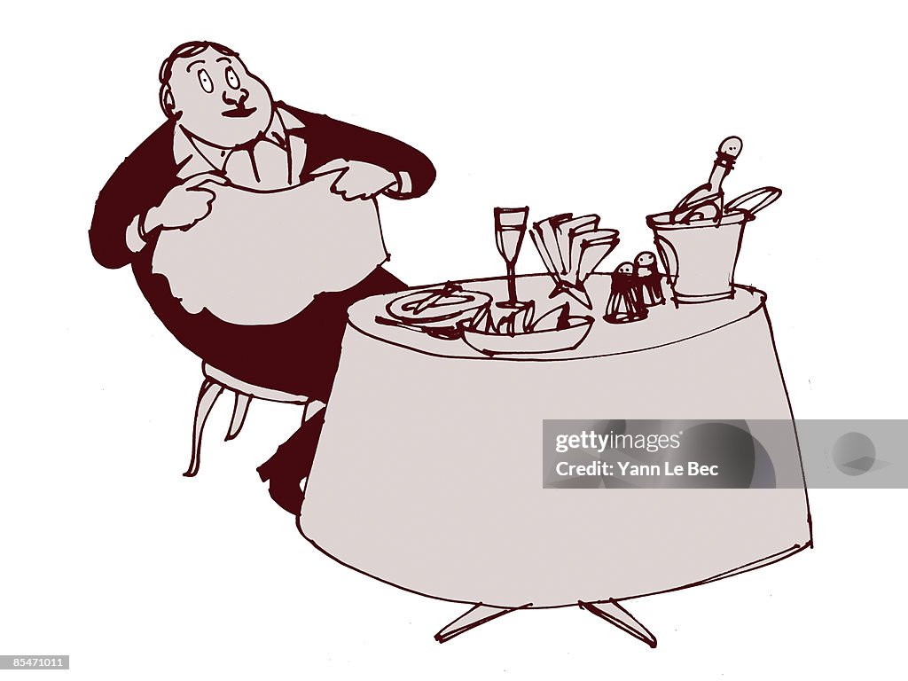 A man putting a napkin across his lap before having a large gourmet meal