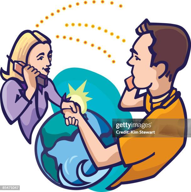 two people making contact across the world by phone - people holding hands around globe stock illustrations