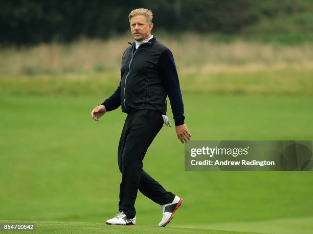 Former footballer Peter Schmeichel in action during the pro am ahead of the British Masters at Close House Golf Club on September 27, 2017 in...