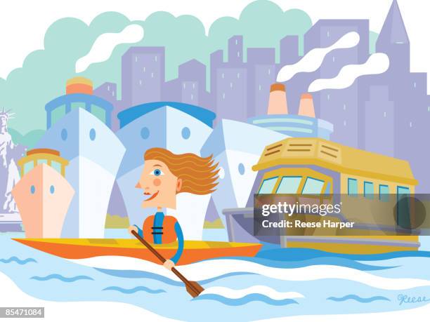 a woman canoeing in the water with ships and boats and new york city behind her - reise stock illustrations