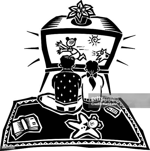 children watching tv too close to the screen and at high volume - teddy bear rug stock illustrations