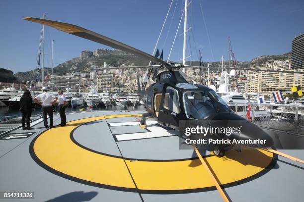 Yachts are displayed at the Hercules Port in Monaco for the 27th edition of the International Monaco Yacht Show on September 27, 2017 in Monaco,...