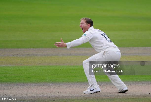 Gareth Batty of Surrey appeals during the County Championship Division One match between Lancashire and Surrey at Old Trafford on September 27, 2017...