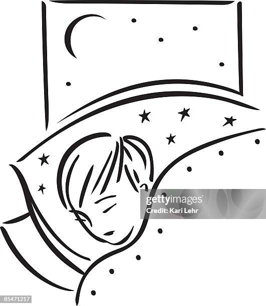 a child sleeping in bed - child asleep in bedroom at night stock illustrations