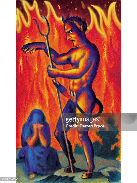 the devil and a woman crying in hell - pointed foot stock illustrations