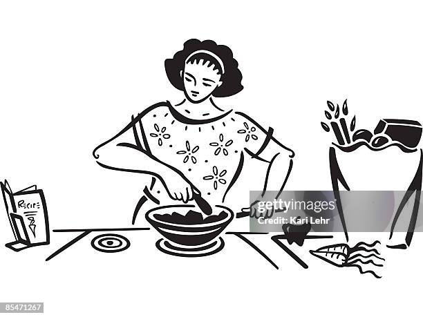 stockillustraties, clipart, cartoons en iconen met a woman making a healthy meal - one mid adult woman only