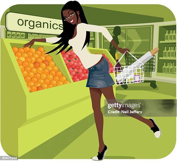 a woman buying organic fruit at the supermarket - daisy dukes stock illustrations