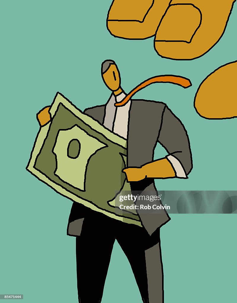 A large hand reaching to take money from a man