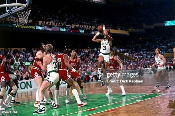 Dennis Johnson of the Boston Celtics goes up for a shot against the Chicago Bulls during Game One of the Eastern Conference Quarterfinals played on...