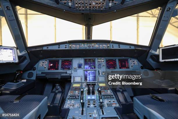 Instrument panels sit in the cockpit of an Airbus SE A320 Neo passenger aircraft during an the annual EasyJet Plc innovation day at London Gatwick...