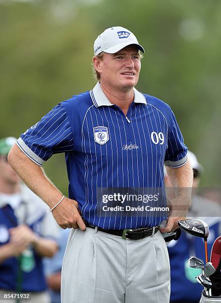 Ernie Els of South Africa and the Lake Nona Team waits to hit on the 18th hole during the second day of the 2009 Tavistock Cup at the Lake Nona Golf...