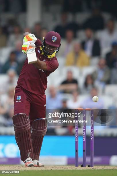 Evin Lewis of West Indies plays a shot during the 4th Royal London One Day International between England and West Indies at The Kia Oval on September...