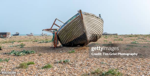 an old wooden fishing boat, dungeness - broken fish net stock pictures, royalty-free photos & images