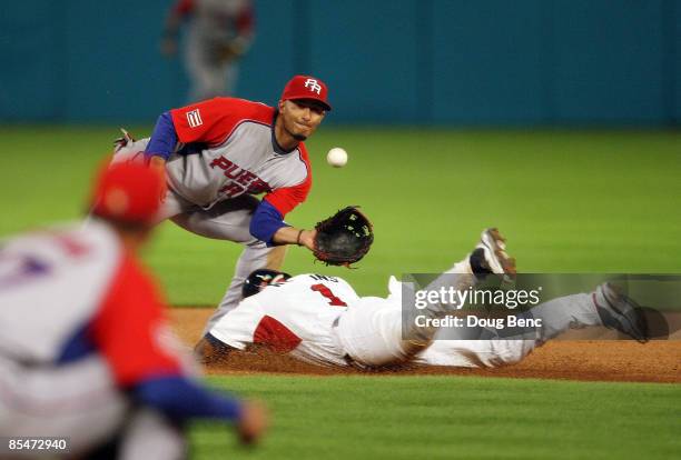 Jimmy Rollins of United States steals second base in the fifth inning as second baseman Felipe Lopez of Puerto Rico takes the late throw during day 4...